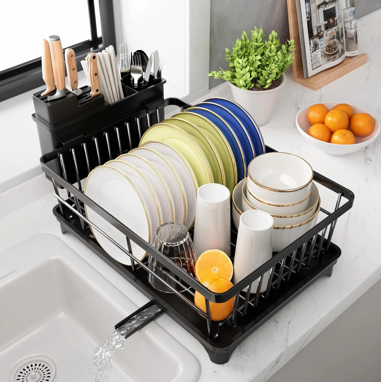 PurKeep Scolapiatti – Scolapiatti salvaspazio con portautensili per bancone della cucina, grande capacità con scolapiatti, nero