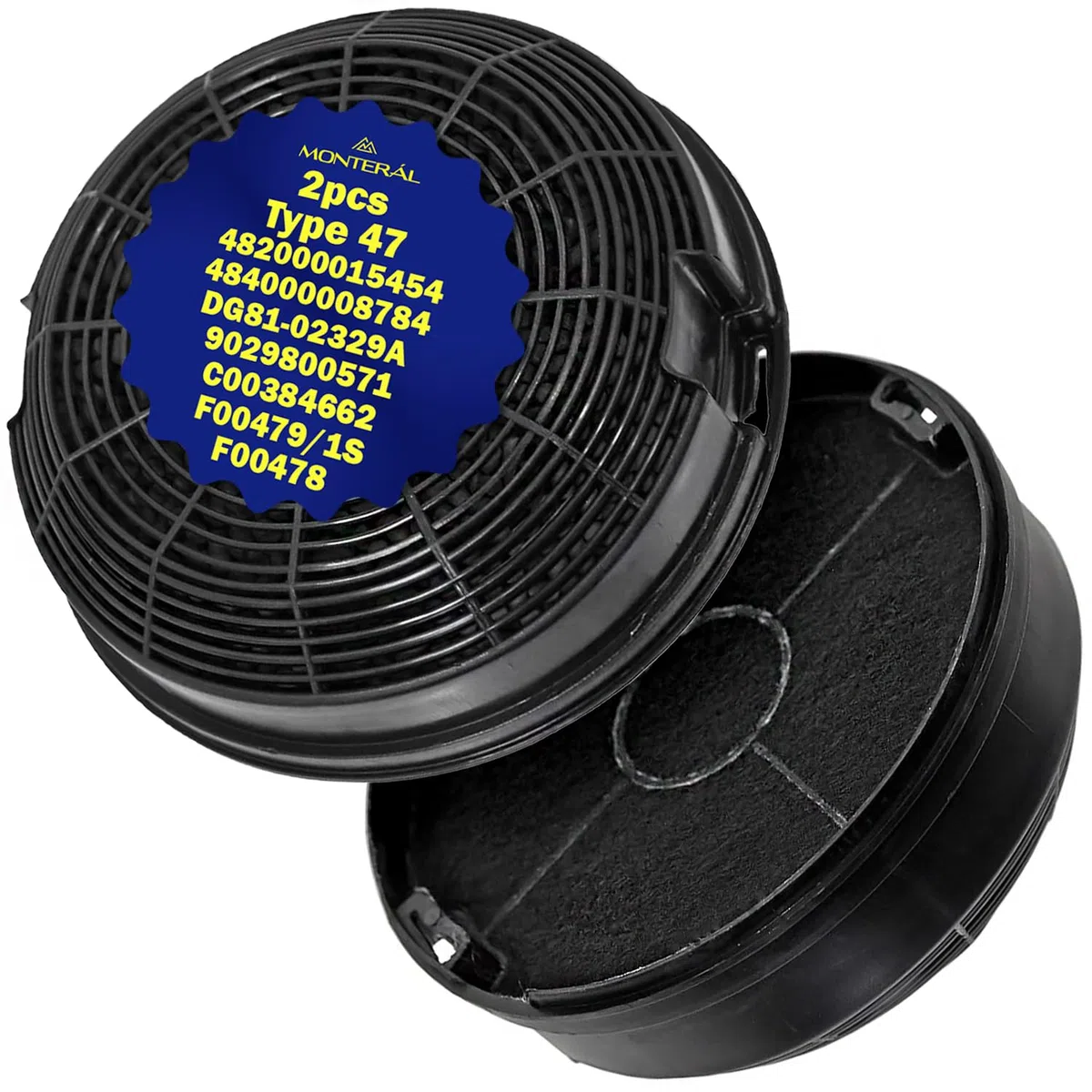 2 Pezzi Filtro Carbone Attivo Modello Tipo 47 per Cappa Aspirante Cucina 482000015454 484000008784 9029800571 F00479/1S F00478 C00384662 DG81-02329A per Elica - Garanzia di 10 Anni - MONTERAL