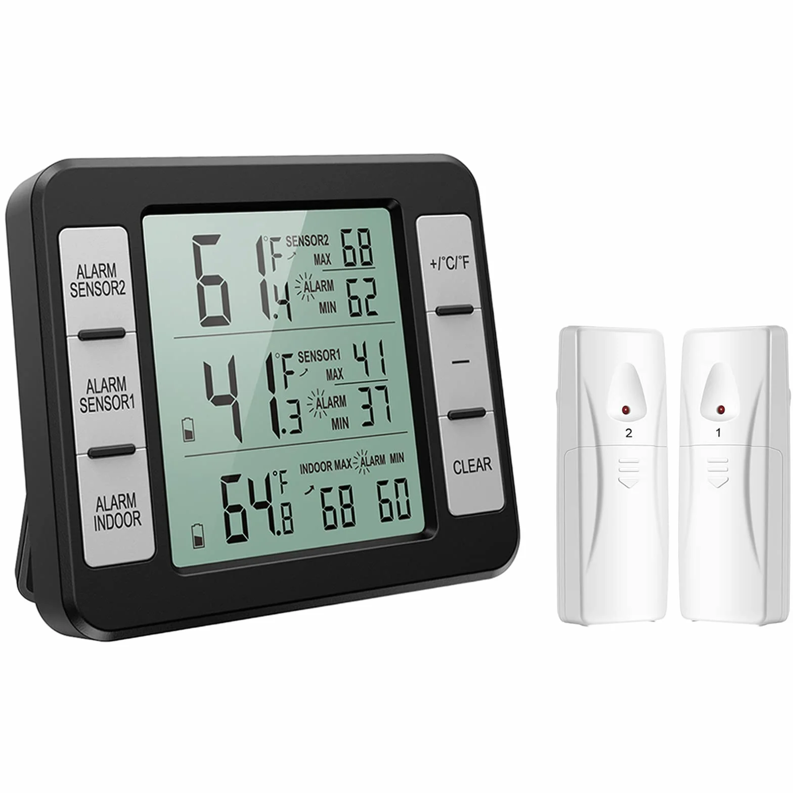 ORIA Termometro per Frigorifero, Termometro Digitale per Congelatore con 2 Sensori Wireless e Allarme Audio, Termometri da Frigo con Registrare Min/Max per Casa, Ristoranti - Nero