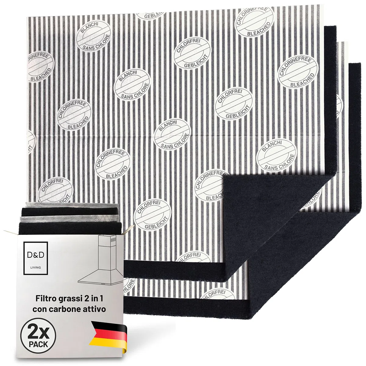FilterBase® Filtro a carbone attivo per cappa aspirante | Confezione da 2 | Filtro piatto per grassi + filtro a carbone per cappa aspirante | Tappetino filtrante in carbone attivo tagliabile 57x47 cm