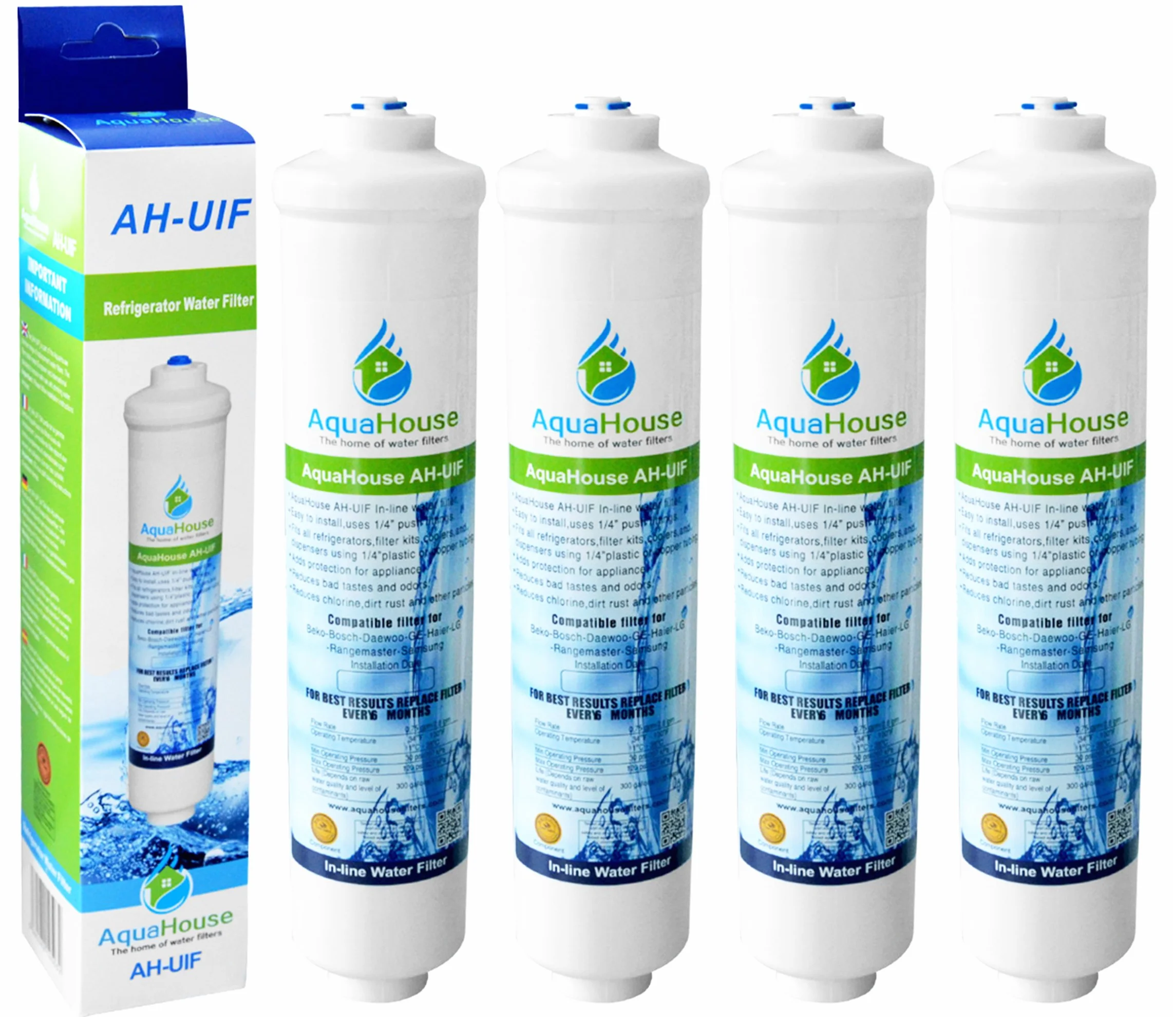 4x AquaHouse AH-UIF Filtro acqua compatibile per Samsung DA29-10105J, LG 5231JA2010B, Beko Haier (Frigorifero solo con filtri esterni)