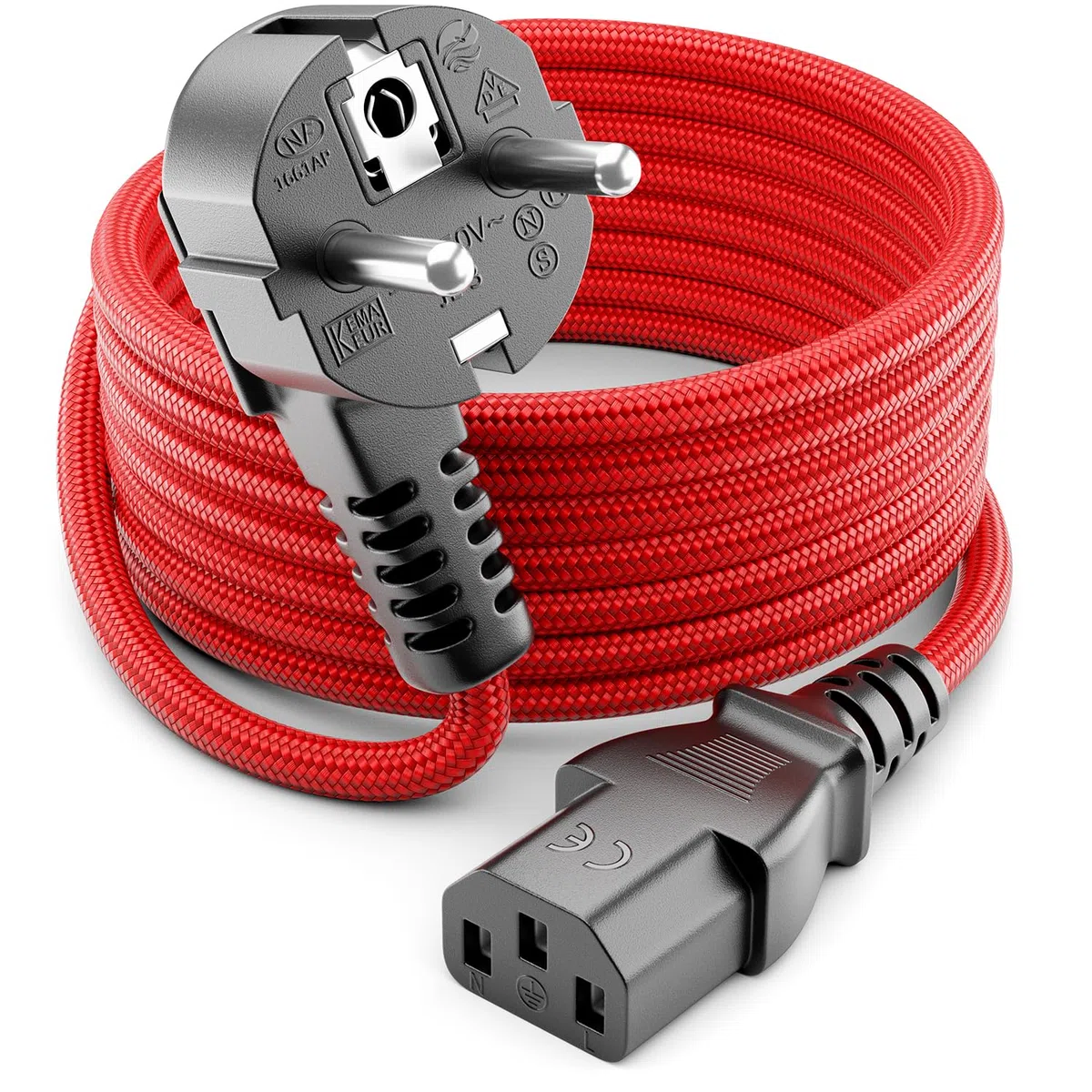deleyCON 10m Cavo di Alimentazione IEC Angolato 90 Gradi in Nylon - Connettore Elettrico con Contatto di Protezione a 3 Poli (Spina Tipo F a Presa C13) per PC Computer Monitor Stampante - Rosso