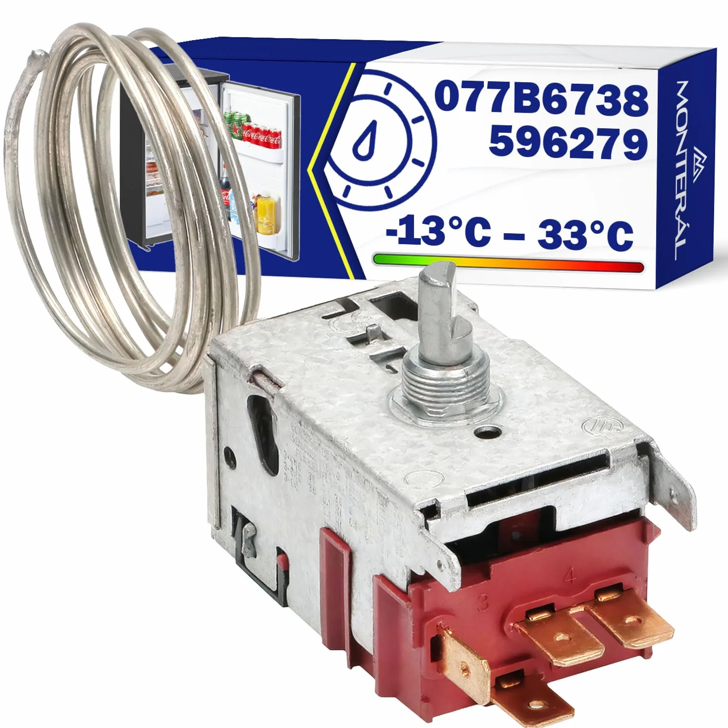 Termostato 077B6738 per Frigorifero 125/250V 6A Lunghezza del Tubo Capillare 800 mm con Codice Originale 596279 per Gorenje - con 4 Contatti 6,3 mm AMP - MONTERAL