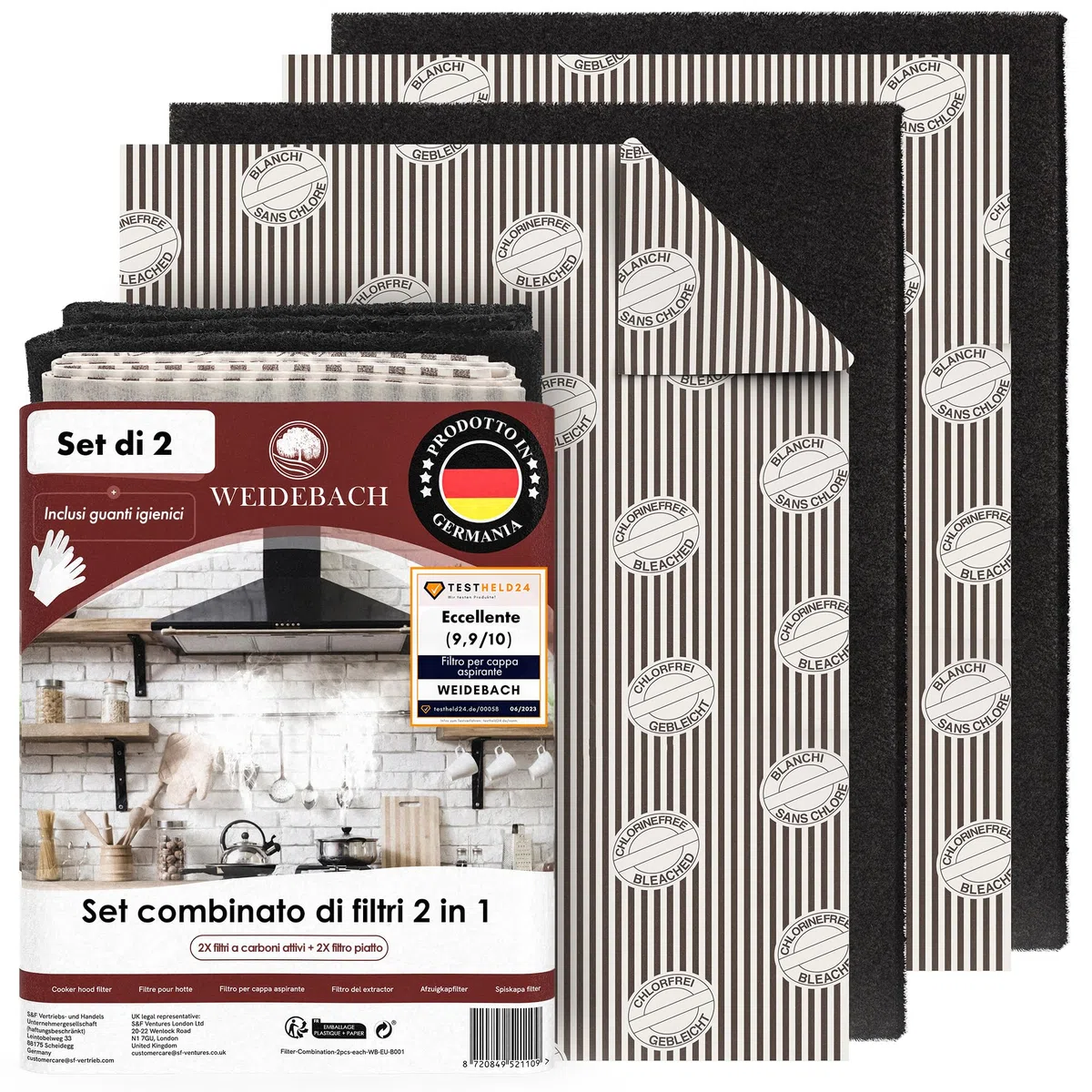 WEIDEBACH® 2 filtri 2 in 1 per cappa aspirante con carbone attivo e filtro grasso, 57 x 47 cm [ritagliabile] – solo 1,2 cm di spessore – filtro per cappa, filtro a carbone attivo