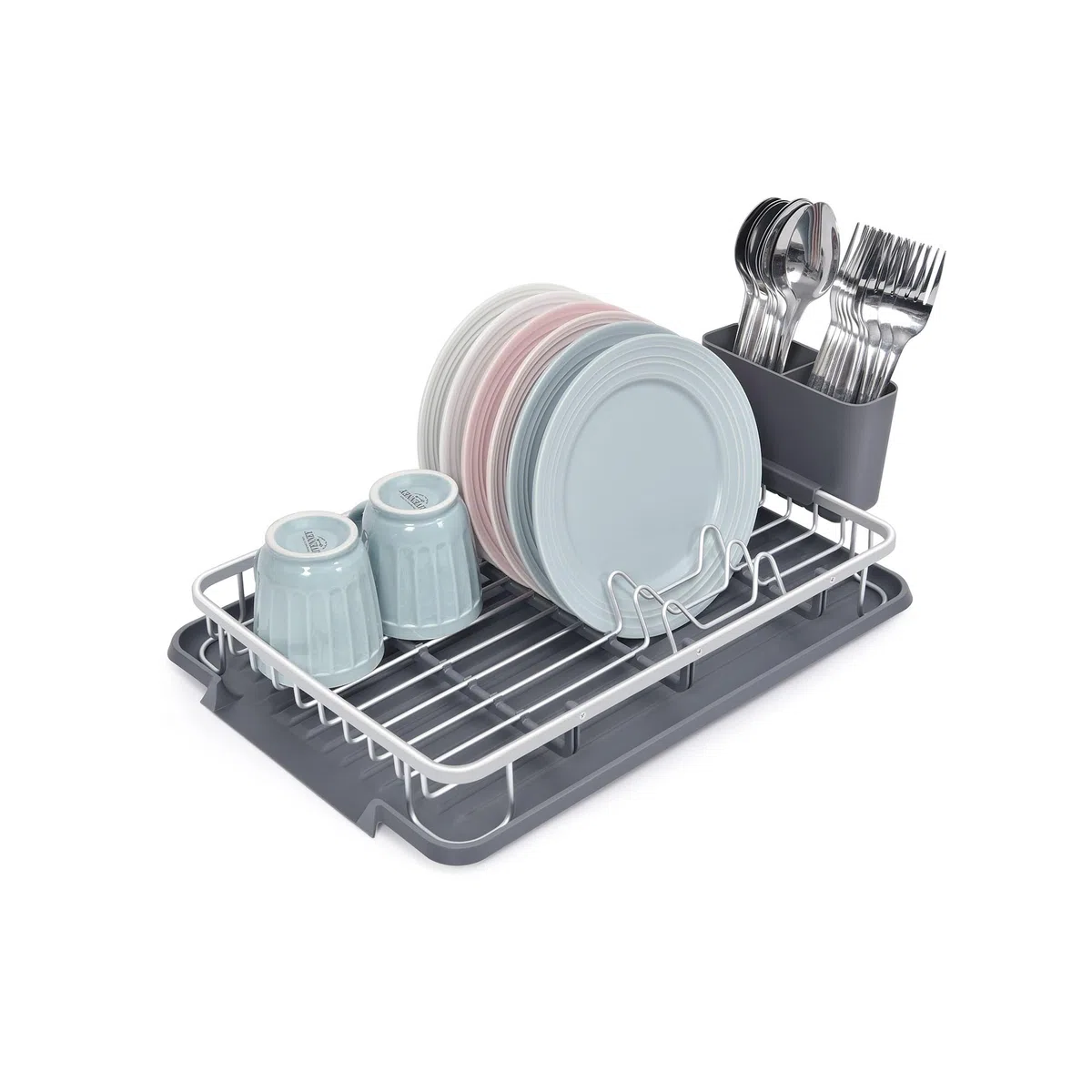 Amig - Scolapiatti Ezzik | 41,7 x 28,7 x 6 cm | Alluminio e Plastica | Colore Grigio | Scolapiatti con Vassoio di Sgocciolamento e Supporto per Posate | Capacità per 8 Piatti, Bicchieri e Posate