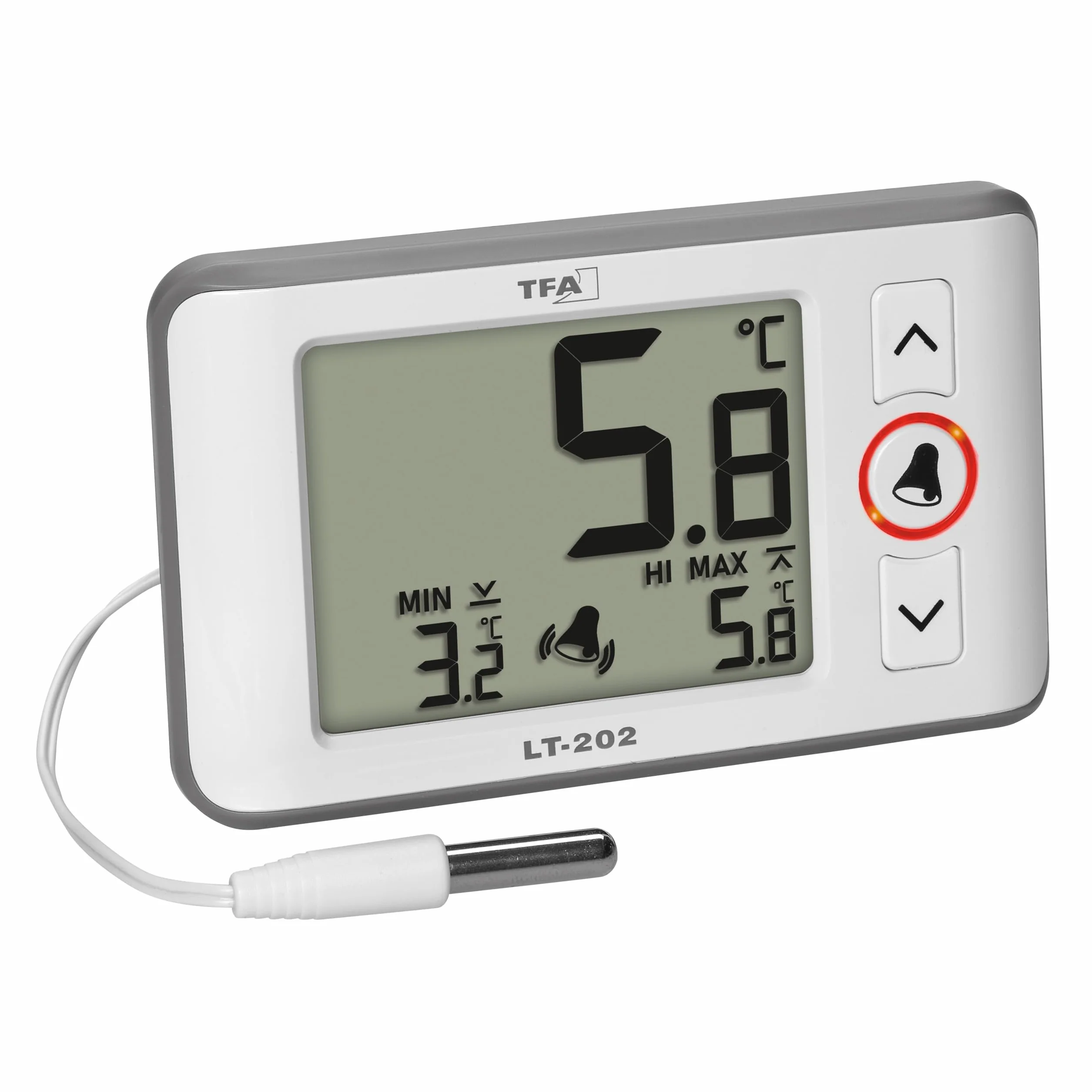 TFA Dostmann Termometro digitale professionale con sensore a cavo LT202, 30.1052, visualizzazione permanente dei valori massimi minimi, allarme temperatura, per acquari/frigoriferi, bianco