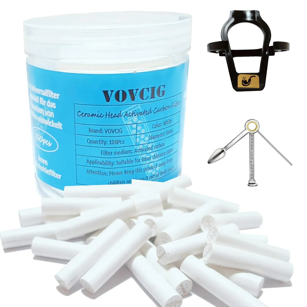 VOVCIG Filtro a carbone attivo da 6 mm, sottile, in ceramica, con supporto per tubo e raschietto 3 in 1 (100 pezzi)